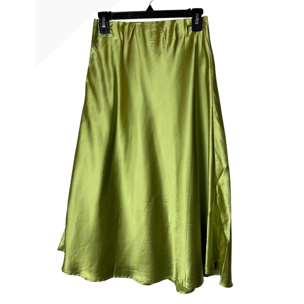 Bacio Satin Midi Skirt Women Small Green Lime A Line High Waist Minimalist - Picture 2 of 8